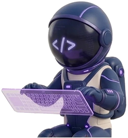 La mascotte di NØVΛ 17-26 che programma un sito su una tastiera olografica